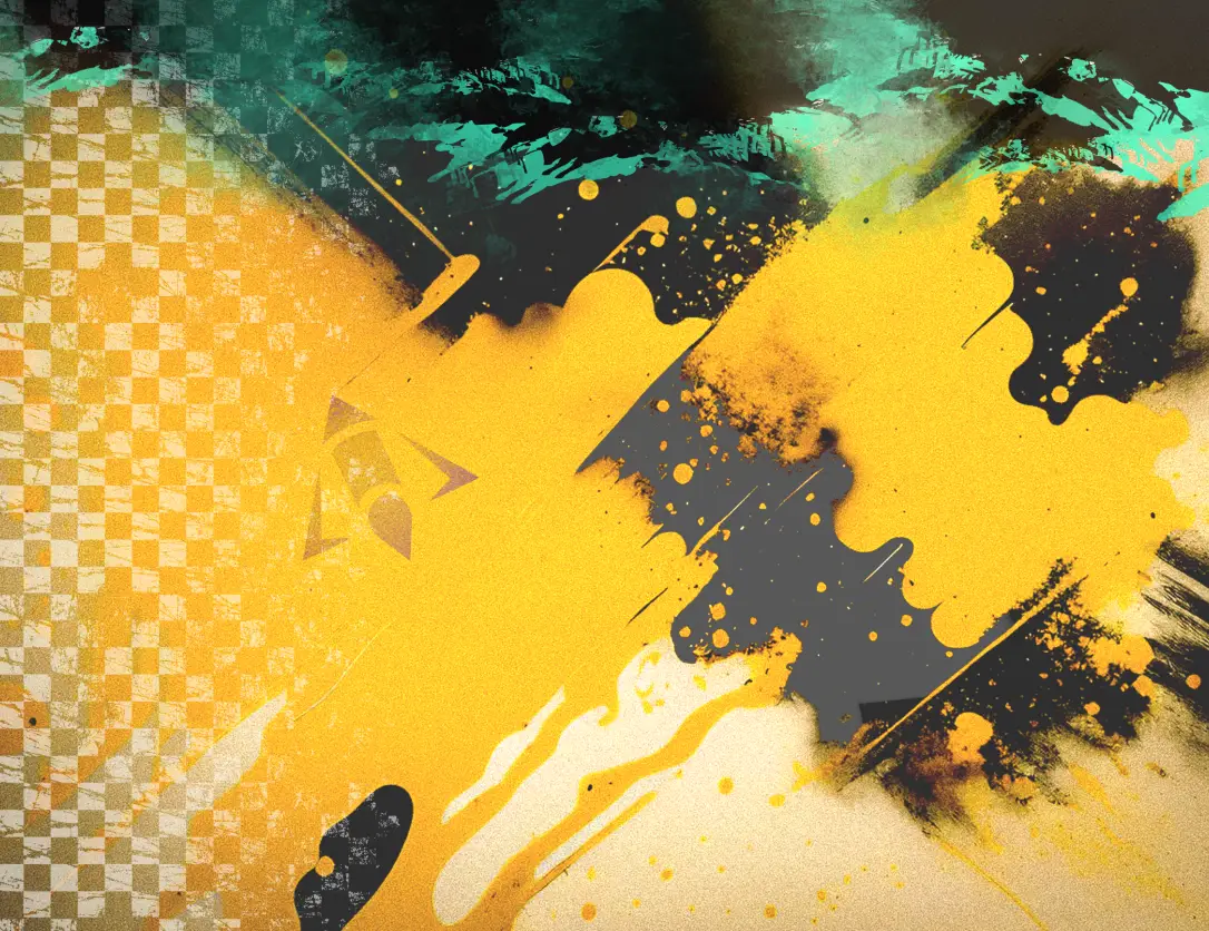 Abstract background with distressed checkerboard, gold paint splatter, Apollo rocket emblem, and teal grunge brush strokes